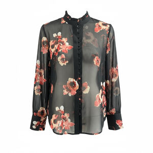Contemporaine by Simons Black Floral Button Front Light Polyester Blouse